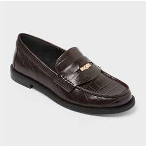 a new day Brown Croc-Embossed Penny Loafers with Gold Bit
